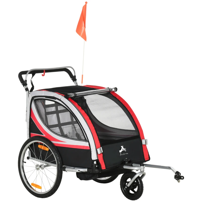 Aosom 2 Seat Bike Trailer for Kids 2-in-1 Double Baby Jogging Stroller with Handbrake, Rubber Wheels, 5 Point Harness, Waterproof Cover, Storage Bag, Reflectors, Red