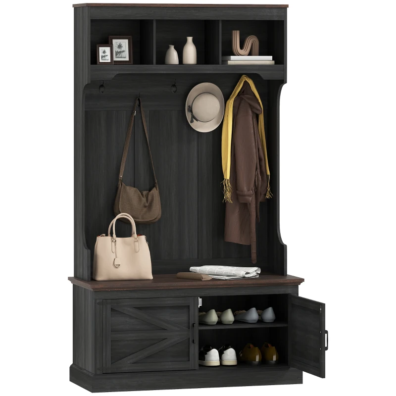 HOMCOM 3-in-1 Hall Tree with Shoe Storage, Coat Rack with Bench, Entryway Furniture with Five Hooks, Black Wood Grain