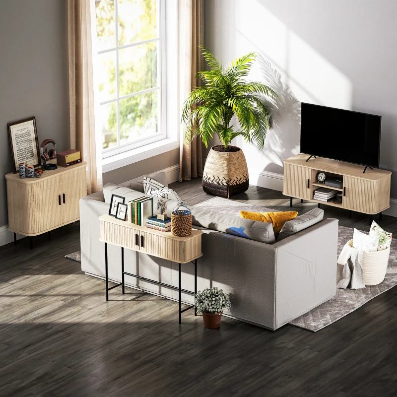 HOMCOM Mid-Century Narrow Console Table with Slatted Tambour Sliding Doors, Entryway Table with Steel Legs, Oak and Black