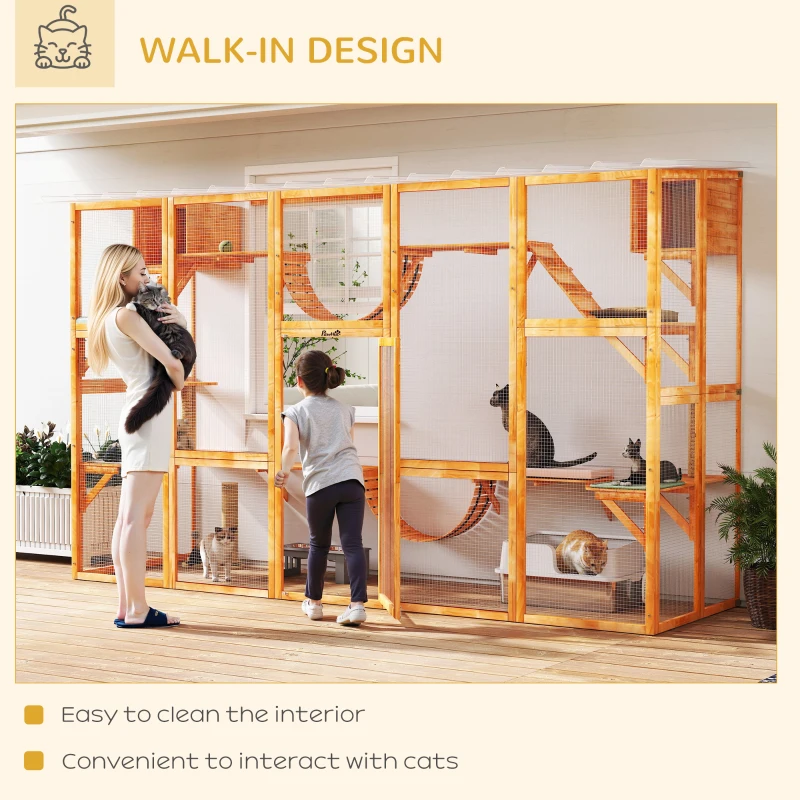 PawHut Large Outdoor Catio with Condos, Platforms, Doors, Ladders, Weather-Resistant Roof, Orange