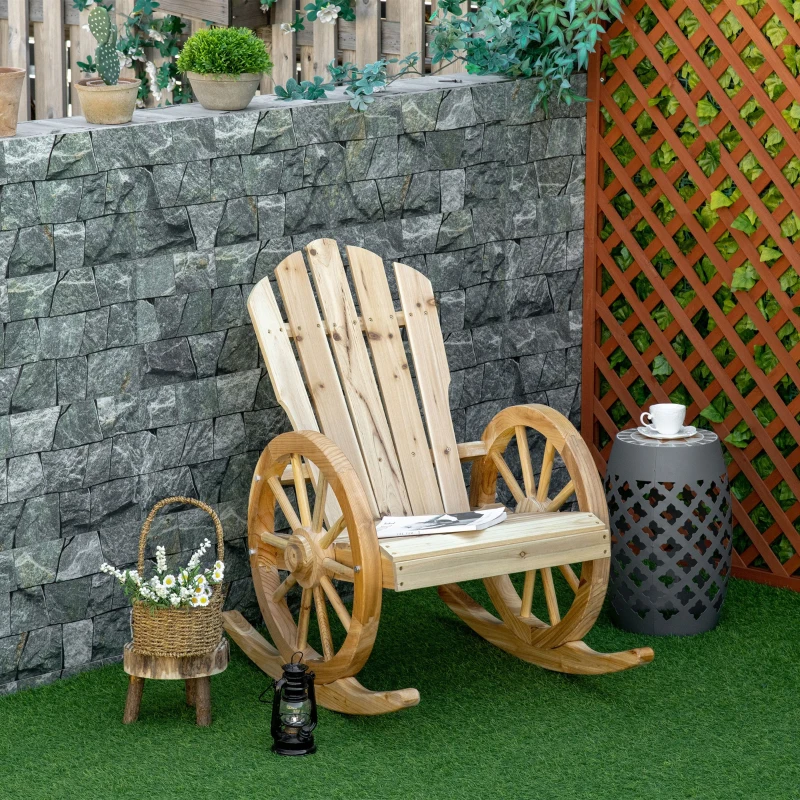 Outsunny Patio Wooden Rocking Chair, Wagon Outdoor Rocker Chair with Slatted Design and Wheel Armrests for Garden, Natural