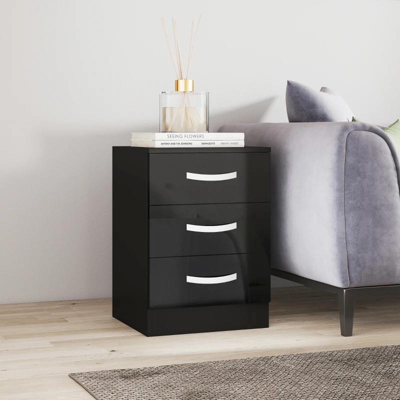 HOMCOM Bedside Table Set of 2, Modern Nightstand with Drawers and High Gloss Fronts, Night Table for Bedroom, Black