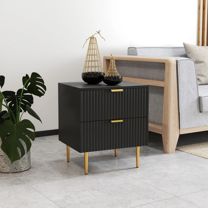 HOMCOM Bedside Table, Modern Nightstand with 2 Drawers, Side End Table with Metal Legs for Living Room, Bedroom, Black