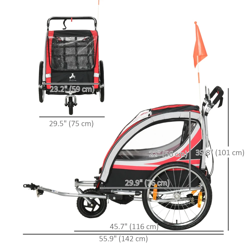 Aosom 2 Seat Bike Trailer for Kids 2-in-1 Double Baby Jogging Stroller with Handbrake, Rubber Wheels, 5 Point Harness, Waterproof Cover, Storage Bag, Reflectors, Red