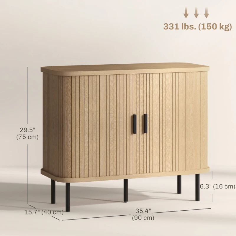 HOMCOM 35.4" Sideboard Buffet Cabinet with Storage, Nordic Coffee Bar Cabinet with Slatted Tambour Doors and Metal Legs, Oak