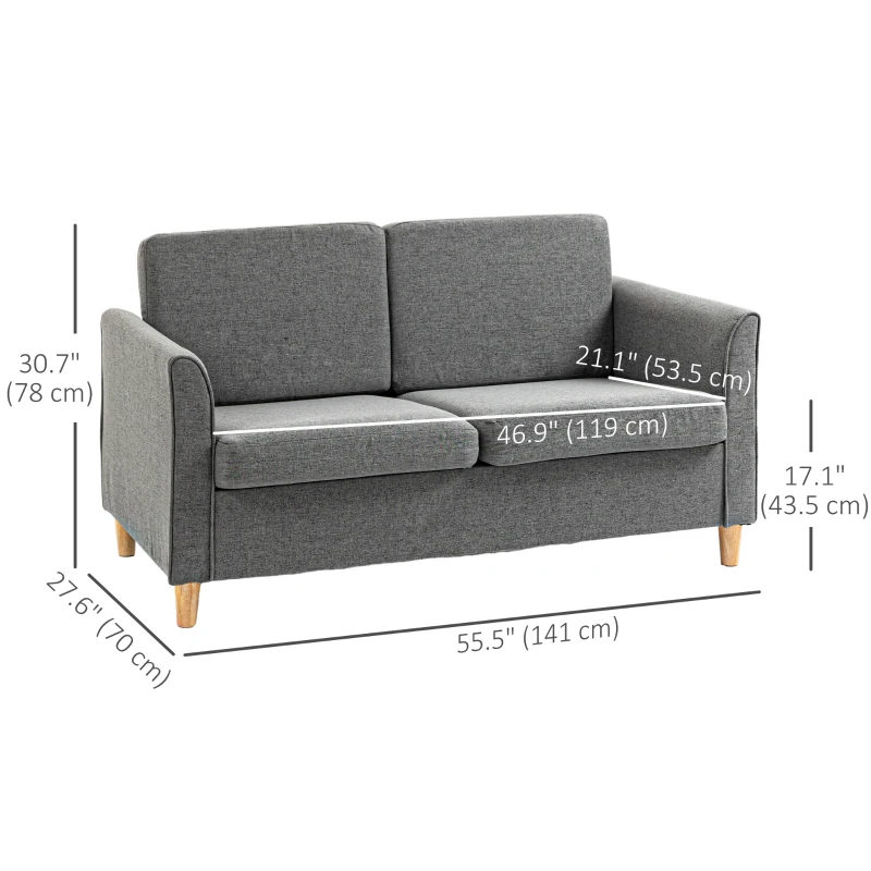 HOMCOM 2-Seat Sofa Two-Seater Couch with Armrests and Wood Legs for Living Room, Bedroom, Grey