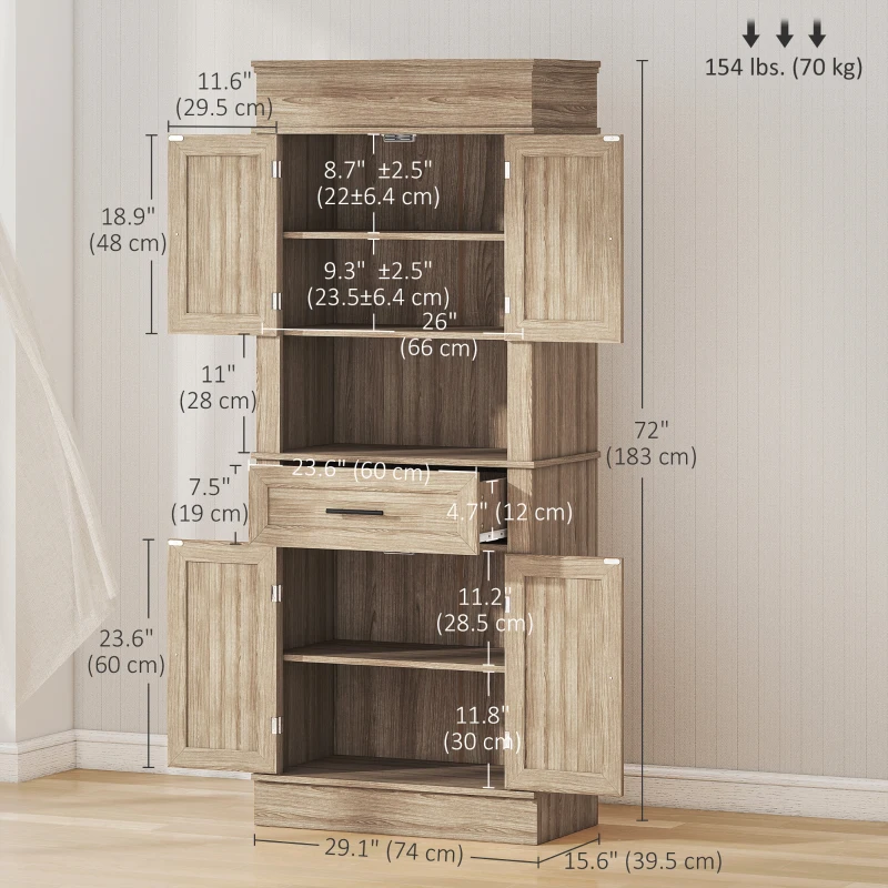 HOMCOM Modern Freestanding Kitchen Pantry Cabinet Cupboard with Doors Open Shelves Adjustable Shelving Microwave Space, Oak