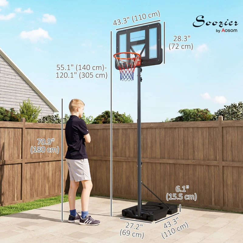 Soozier Basketball Hoop Outdoor, 4.6-10ft Portable Basketball Goal with Wheels and 43" Backboard, for Teenagers Youth Adults