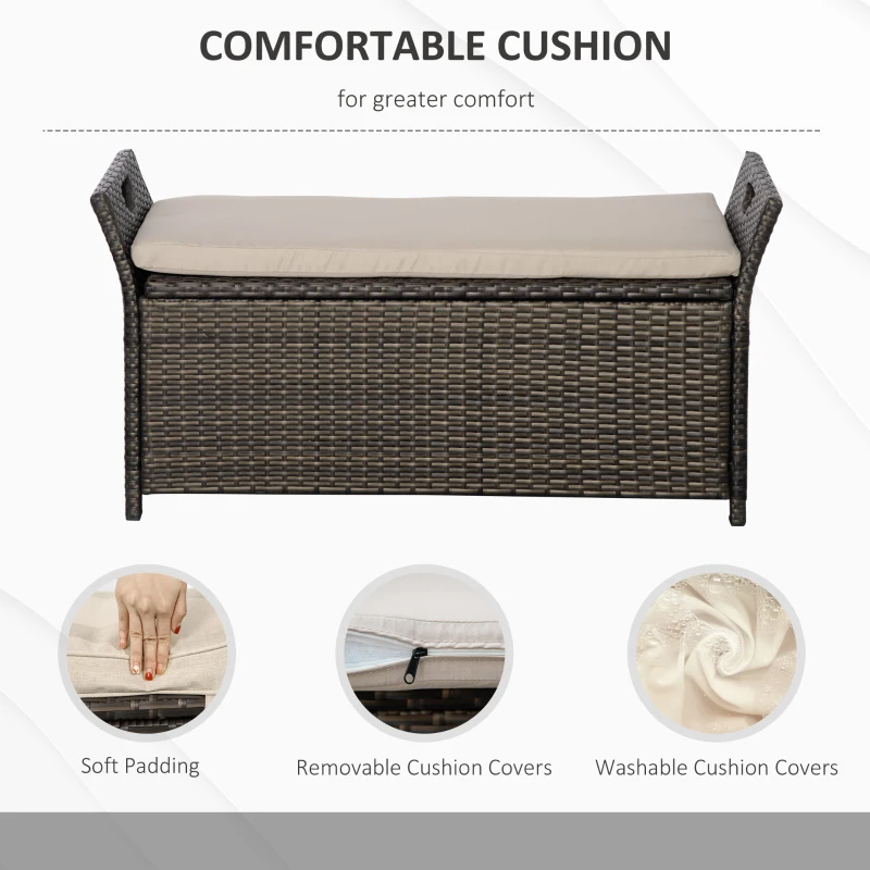 Outsunny 29 Gallon Patio Wicker Storage Bench, Outdoor PE Rattan Patio Furniture, 2-In-1 Large Capacity Rectangle Garden Storage Box with Handles and Cushion, Cream White