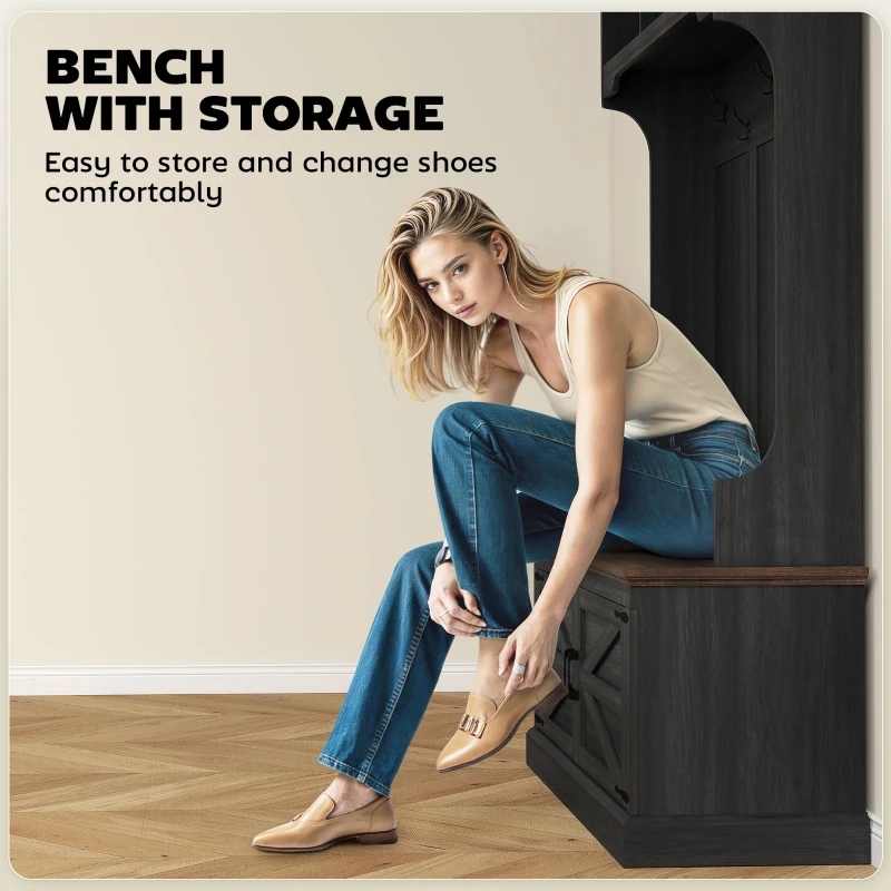 HOMCOM 3-in-1 Hall Tree with Shoe Storage, Coat Rack with Bench, Entryway Furniture with Five Hooks, Black Wood Grain