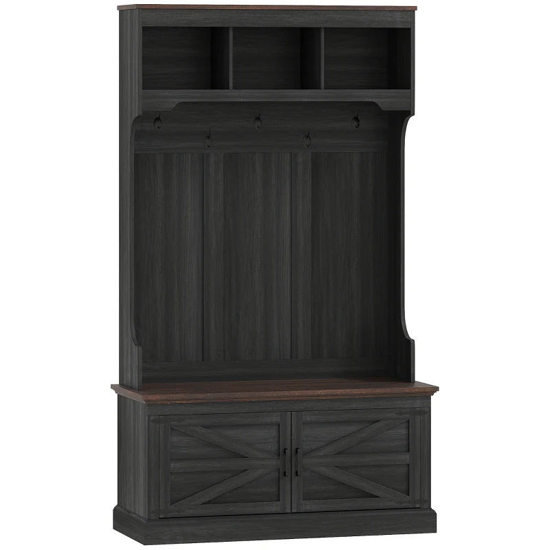 HOMCOM 3-in-1 Hall Tree with Shoe Storage, Coat Rack with Bench, Entryway Furniture with Five Hooks, Black Wood Grain