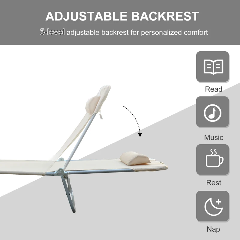 Outsunny Outdoor Lounge Chair, Portable Adjustable Reclining Seat Folding Chaise Lounge Patio Camping Beach Tanning Chair Bed with Pillow, Beige