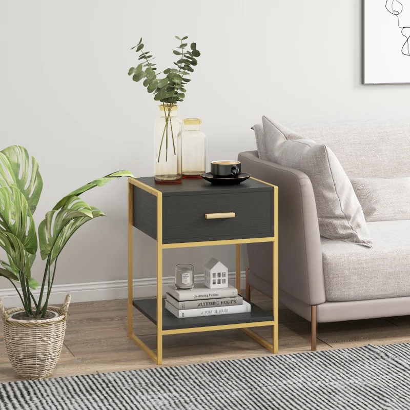 HOMCOM Modern Nightstand Set Of 2, Small Bedside Table with Drawer, Shelf and Steel Frame for Bedroom, Black