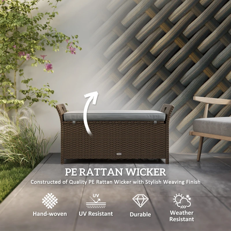 Outsunny 2-In-1 Outdoor PE Rattan Storage Bench, 29 Gallon Patio Wicker Furniture, Basket Box with Handles and Cushion Dark Grey