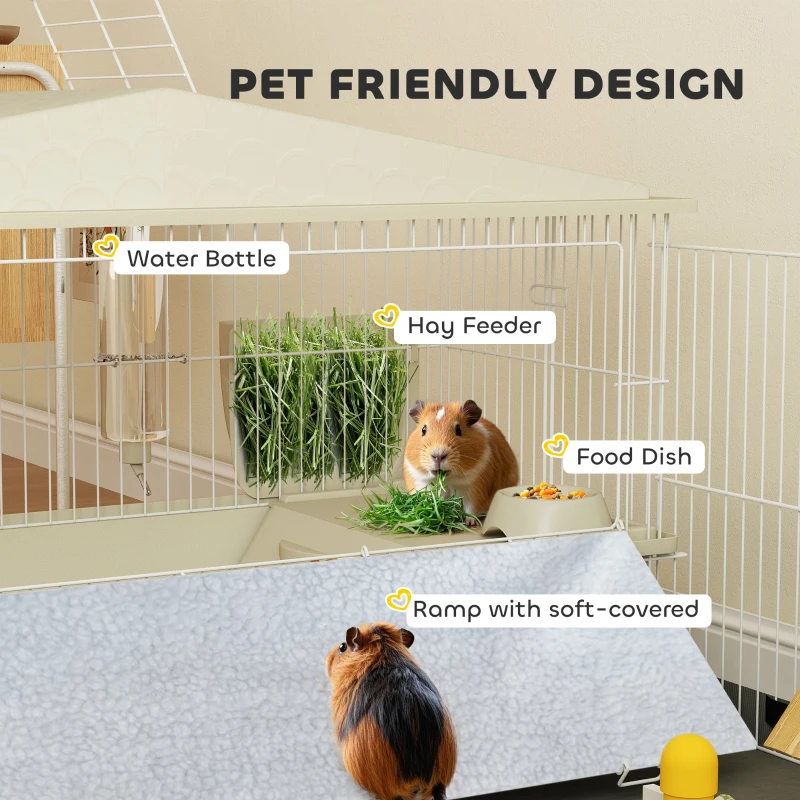 PawHut Small Animal Cage with Removable Pet Playpen, Guinea Pig Cage with Waterproof Pad, Hay Feeder, Water Bottle, Food Dish