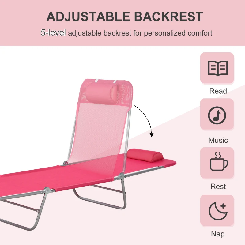 Outsunny Outdoor Lounge Chair, Portable Reclining Seat, Folding Chaise Lounge, Tanning Chair Bed with Pillow, Pink