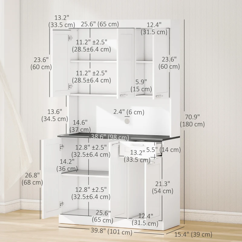 HOMCOM 71" Kitchen Pantry Cabinet, Storage Buffet with Hutch, Adjustable Shelves for Living Room, High Gloss White