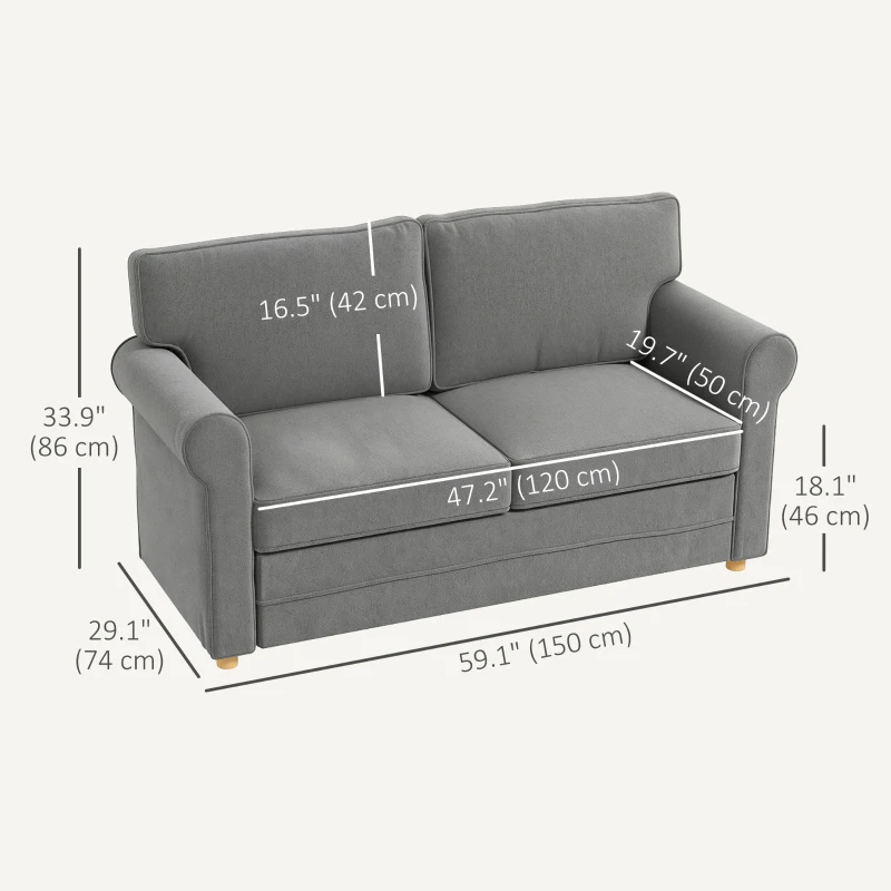 HOMCOM 59" Loveseat Sofa for Bedroom, Modern Love Seats Furniture, Upholstered 2 Seater Couch with Solid Steel Frame and Beech Wood Legs for Living Room, Med Grey