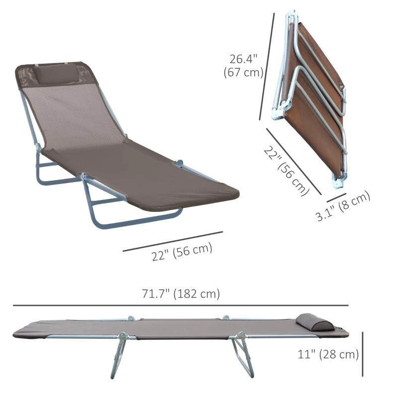 Outsunny Outdoor Lounge Chair, Portable Adjustable Reclining Seat Folding Chaise Lounge Patio Camping Beach Tanning Chair Bed with Pillow, Brown