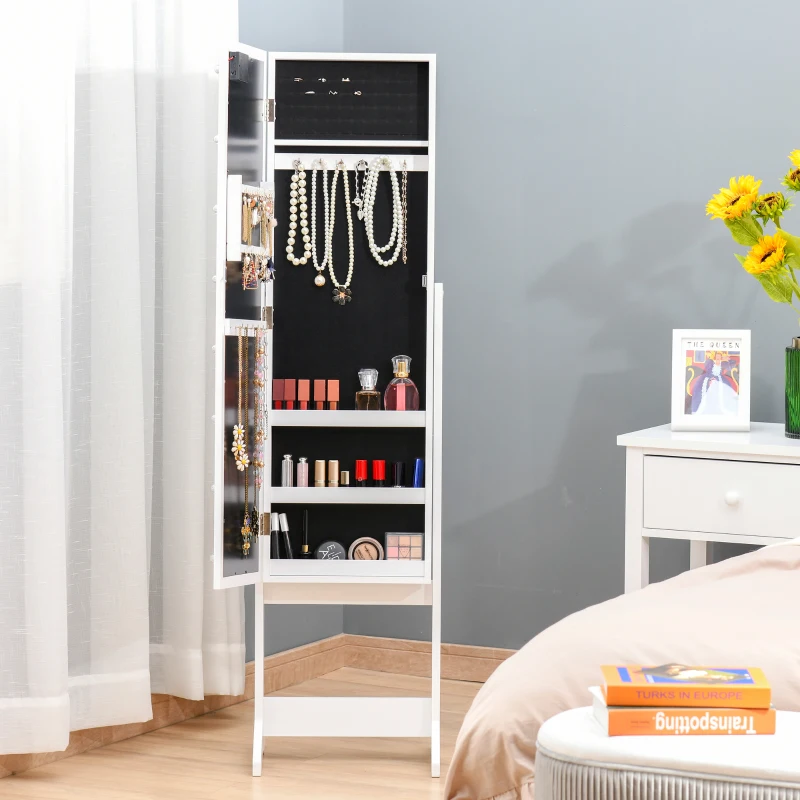 HOMCOM Free Standing Armoire Organizer, Lighted Mirrored Jewelry Cabinet w/ Angle Adjustable & 16 LED Lights Warm White