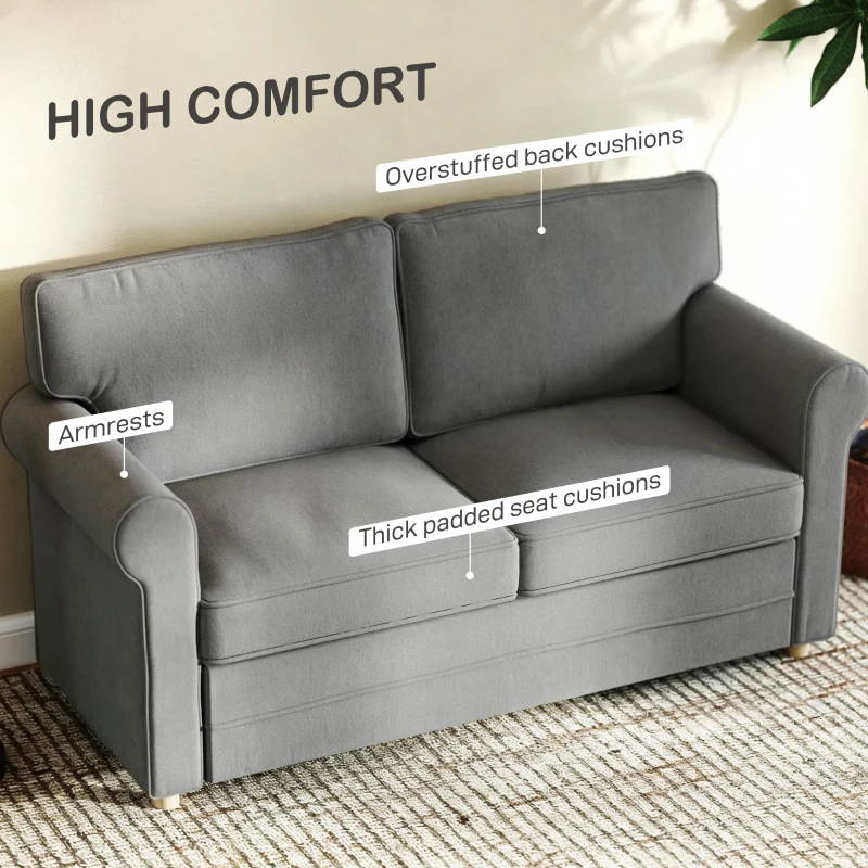 HOMCOM 59" Loveseat Sofa for Bedroom, Modern Love Seats Furniture, Upholstered 2 Seater Couch with Solid Steel Frame and Beech Wood Legs for Living Room, Med Grey