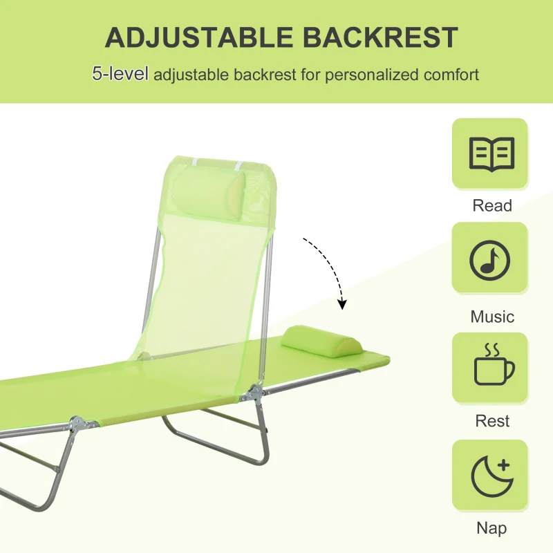 Outsunny Outdoor Lounge Chair, Portable Adjustable Reclining Seat Folding Chaise Lounge Patio Camping Beach Tanning Chair Bed with Pillow, Light Green