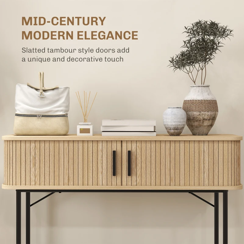 HOMCOM Mid-Century Narrow Console Table with Slatted Tambour Sliding Doors, Entryway Table with Steel Legs, Oak and Black