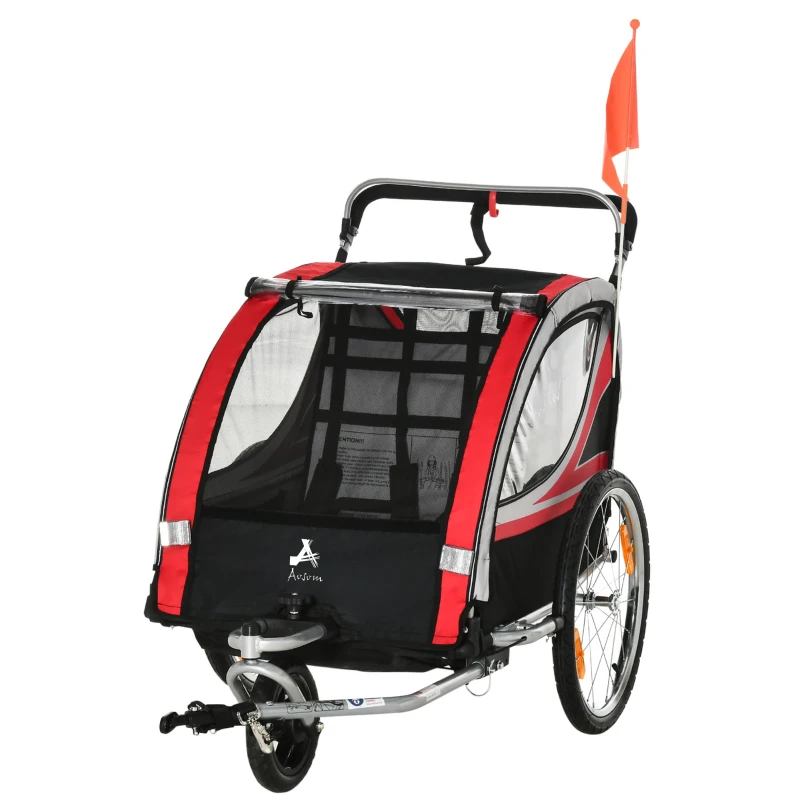 Aosom 2 Seat Bike Trailer for Kids 2-in-1 Double Baby Jogging Stroller with Handbrake, Rubber Wheels, 5 Point Harness, Waterproof Cover, Storage Bag, Reflectors, Red