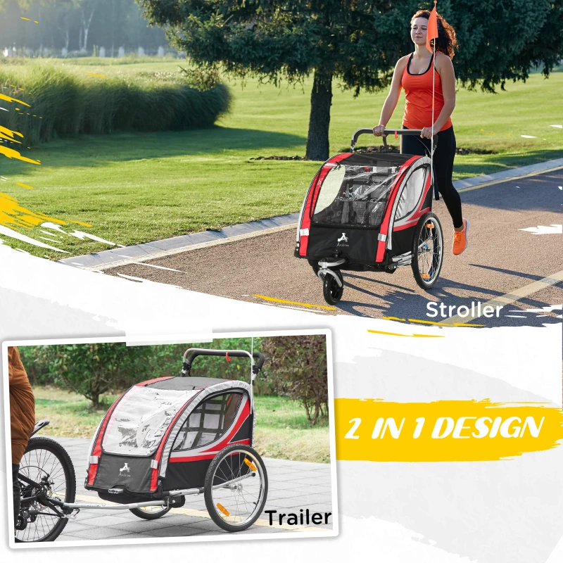 Aosom 2 Seat Bike Trailer for Kids 2-in-1 Double Baby Jogging Stroller with Handbrake, Rubber Wheels, 5 Point Harness, Waterproof Cover, Storage Bag, Reflectors, Red
