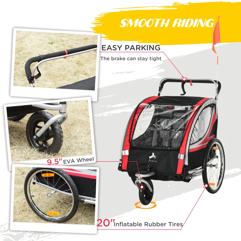 Aosom 2 Seat Bike Trailer for Kids 2-in-1 Double Baby Jogging Stroller with Handbrake, Rubber Wheels, 5 Point Harness, Waterproof Cover, Storage Bag, Reflectors, Red
