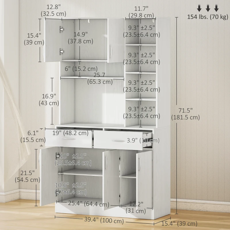 HOMCOM 71" Kitchen Hutch with Storage Cabinet, Modern Buffet with Hutch, Cupboard with Drawers for Living Dining Room, Ash White