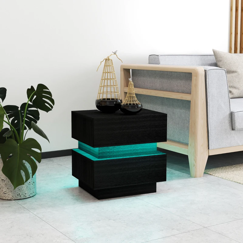 HOMCOM Bedside Table with Charging Station and LED Light Modern Nightstand with USB Ports AC Outlets Drawers Remote, Black