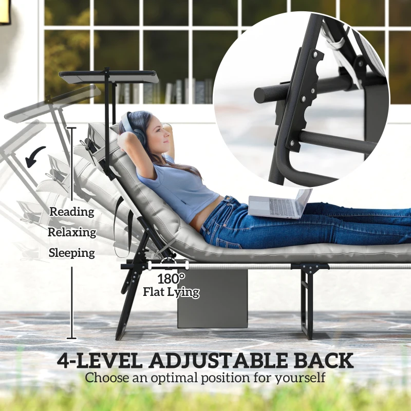 Outsunny Folding Lounge Chair with Adjustable Canopy, 4-Position Outdoor Tanning Chair with Headrest, Light Grey