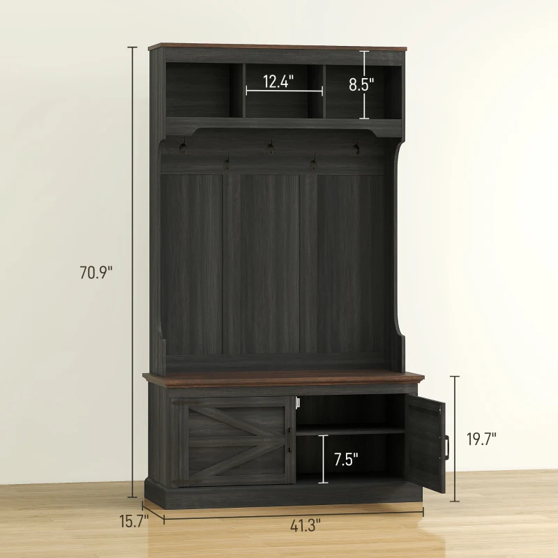 HOMCOM 3-in-1 Hall Tree with Shoe Storage, Coat Rack with Bench, Entryway Furniture with Five Hooks, Black Wood Grain