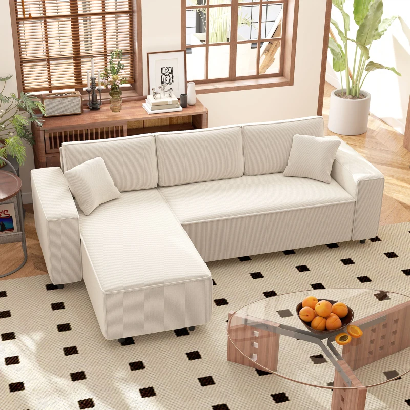 HOMCOM Corner Sofa with Reversible Chaise Lounge, Corduroy L-Shaped Sectional Sofa with Pocket Spring, Cream White