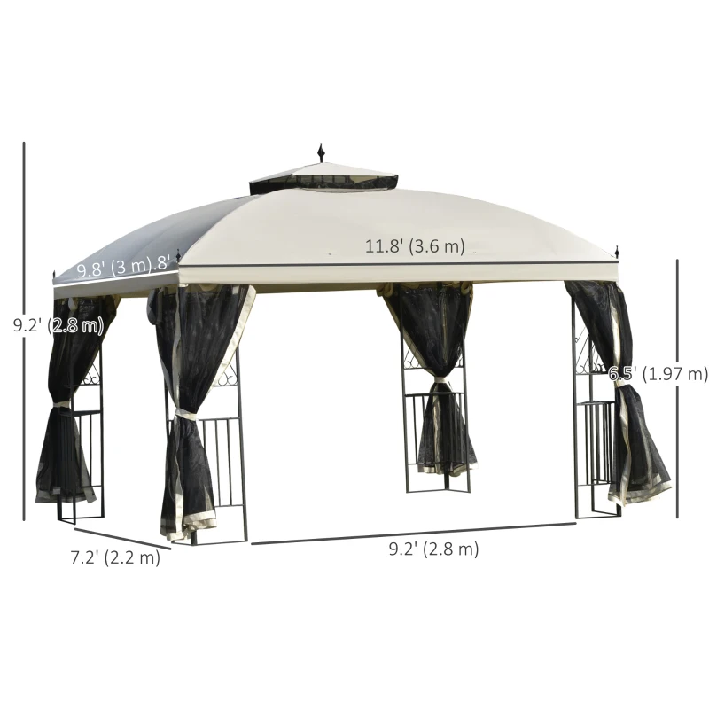 Outsunny 12' x 10' Outdoor Patio Gazebo Canopy with Double Tier Roof, Removable Mesh Sidewalls, Triangular Display Shelves, Beige