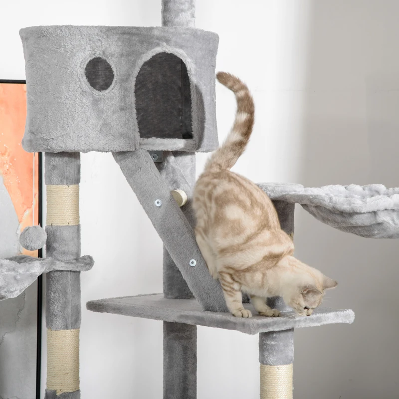 PawHut Floor to Ceiling Cat Tree, 94.5-102.5 inch Height Adjustable Cat Climbing Tower with Scratching Posts, Condos, Hammocks