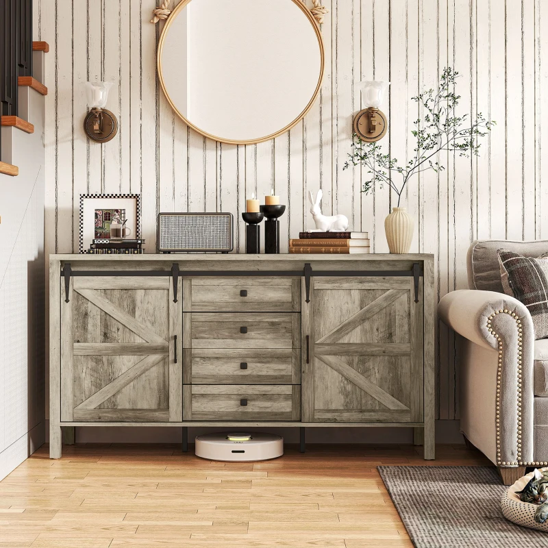 HOMCOM 59" Buffet Cabinet, Farmhouse Sideboard with Thick Top, 2 Barn Doors, 4 Drawers and 2 Adjustable Shelves, Gray Wash