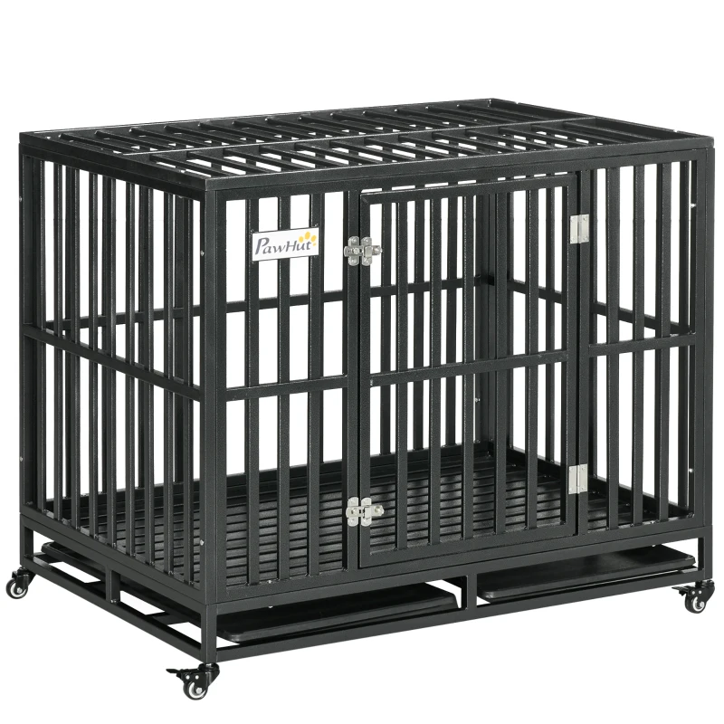PawHut Heavy Duty Dog Crate Metal Kennel and Cage Dog Playpen with Lockable Wheels, Slide-out Tray and Anti-Pinching Floor, 41" x 29.5" x 35"