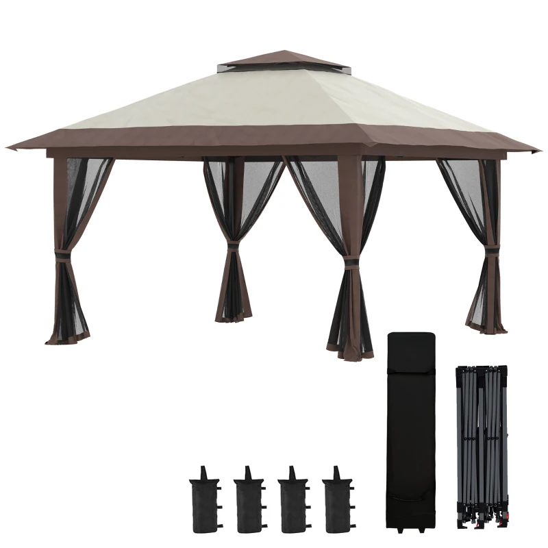 Outsunny 13' x 13' Pop Up Canopy, 2-Tier Roof Easy up Tent Shelter with Nettings Carry Bag Weight Bags for Garden, Patio, Beige