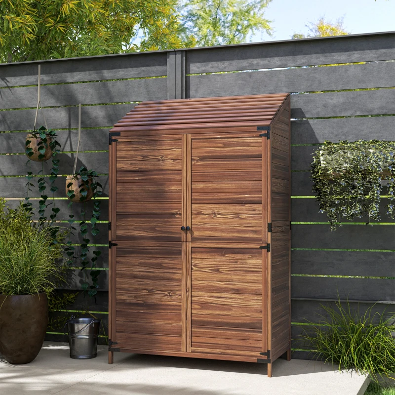 Outsunny Outdoor Storage Cabinet, Wooden Garden Storage Shed with Double Doors and Shelves for Garden Porch Deck, Mixed-Brown