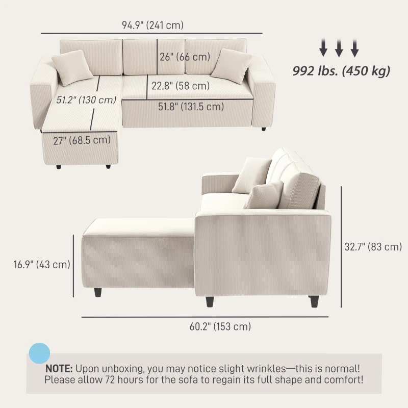 HOMCOM Corner Sofa with Changeable Chaise, Corduroy L-Shaped Sectional Sofa with Pocket Spring, 2 Pillows, Cream White