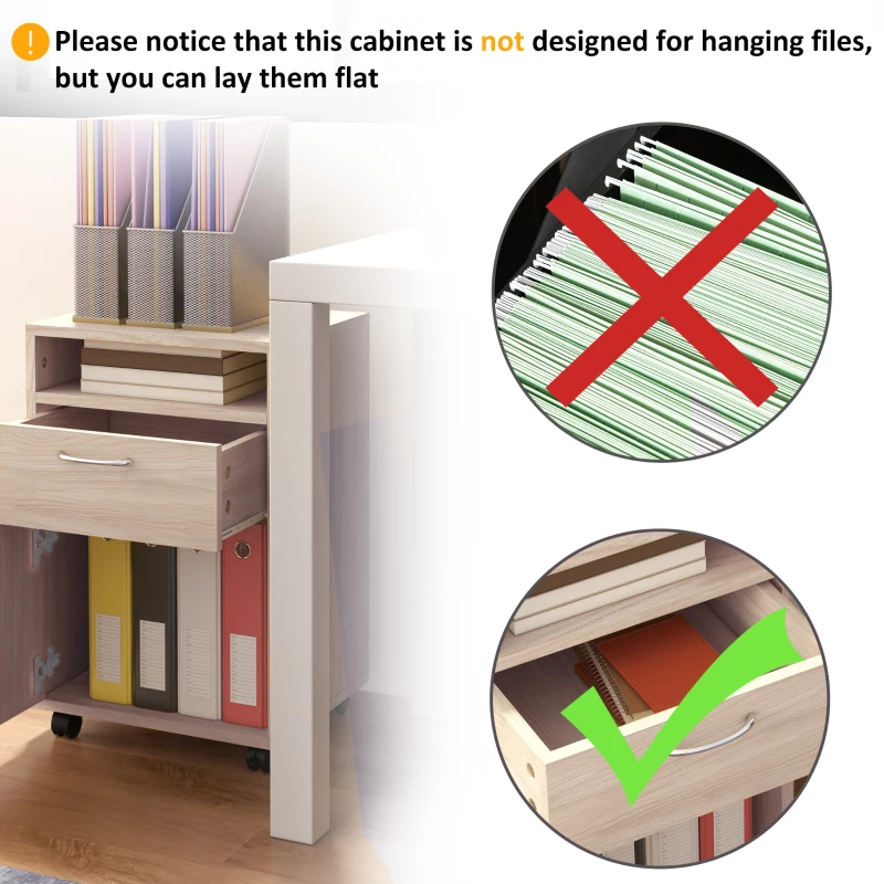 HOMCOM 24" Small Filing Cabinet with Open Compartment, Drawer and Wheels, Home Office Storage Cabinet, Oak