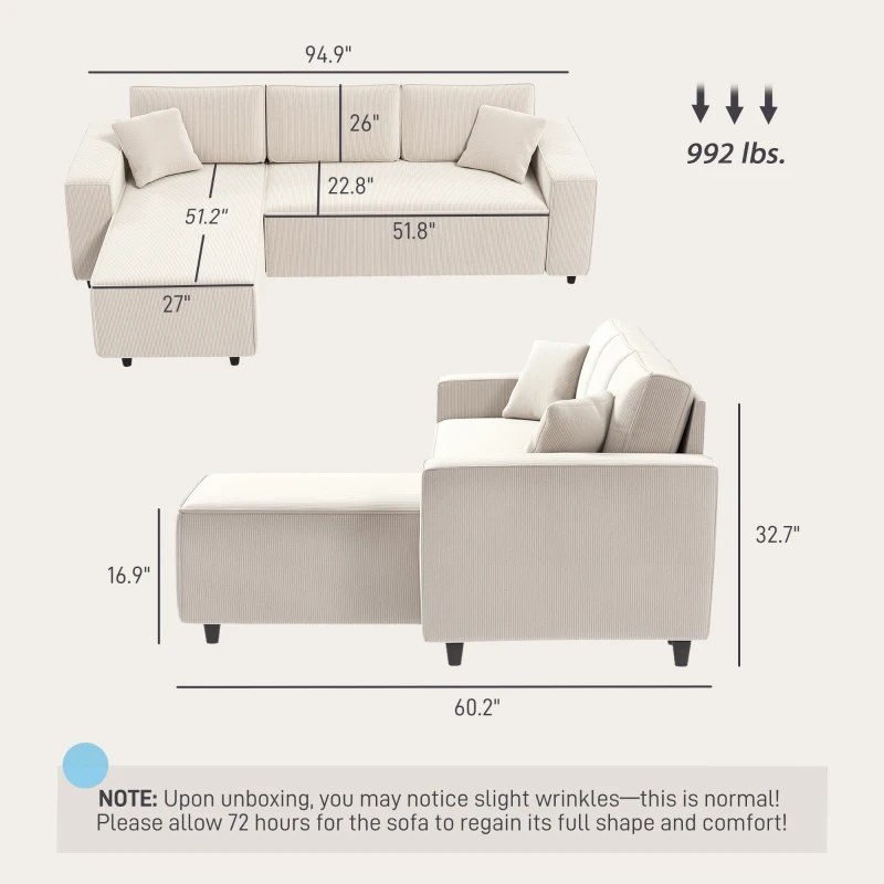 HOMCOM Corner Sofa with Reversible Chaise Lounge, Corduroy L-Shaped Sectional Sofa with Pocket Spring, Cream White