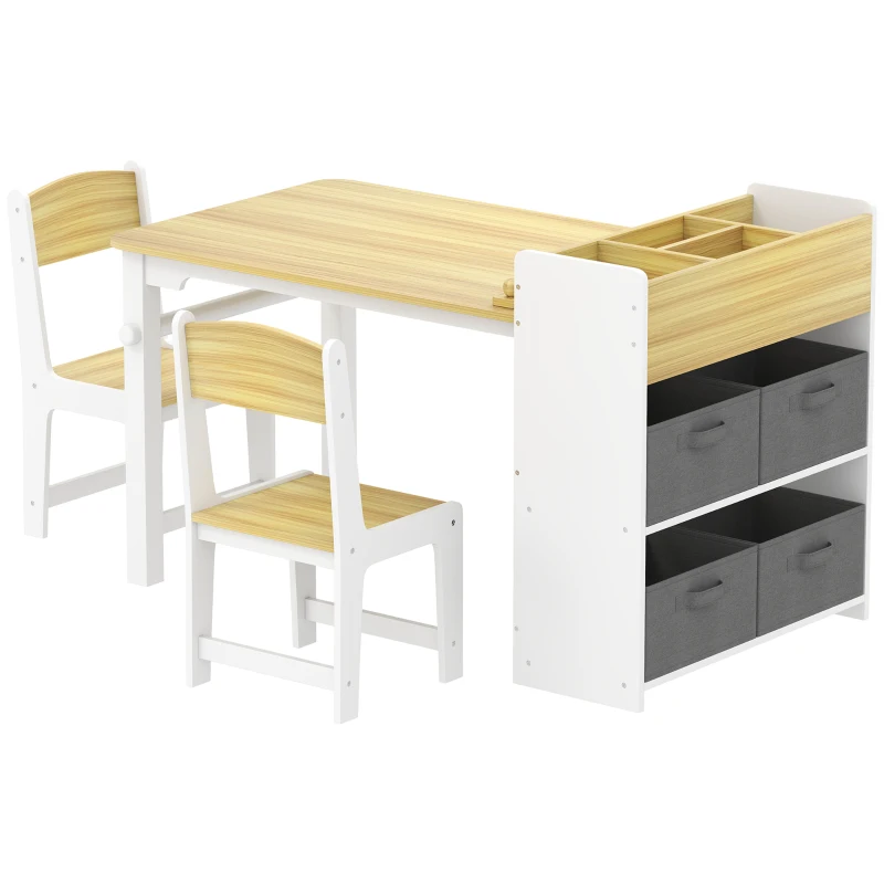 Qaba Kids Desk and Chair Set with Paper Roll, Kids Activity Craft Table with Storage Shelves and Drawers, Natural Wood