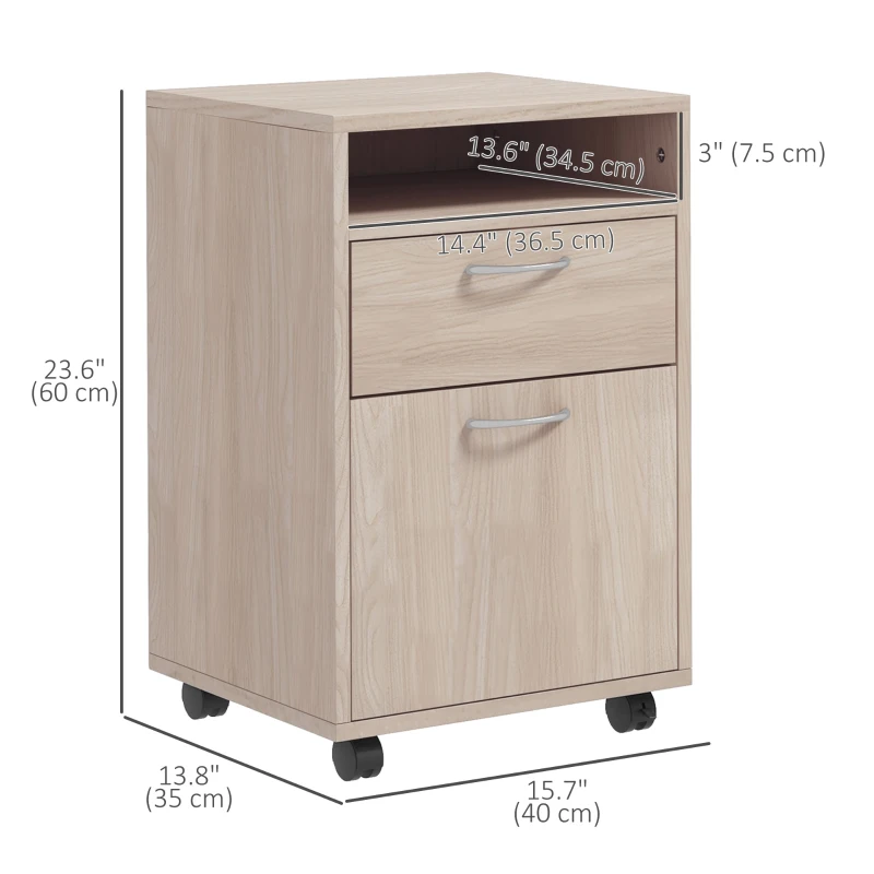 HOMCOM 24" Small Filing Cabinet with Open Compartment, Drawer and Wheels, Home Office Storage Cabinet, Oak