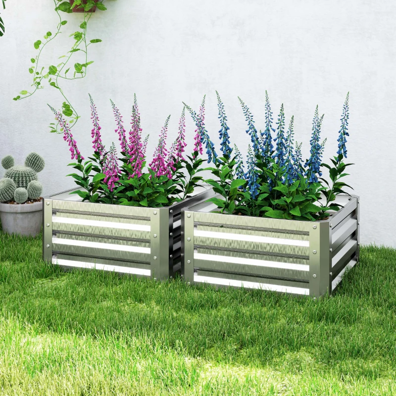 Outsunny 2' x 2' x 1' 2-Pieces Raised Garden Bed with Galvanised Steel Frame for Vegetables, Flowers, Herbs, Silver