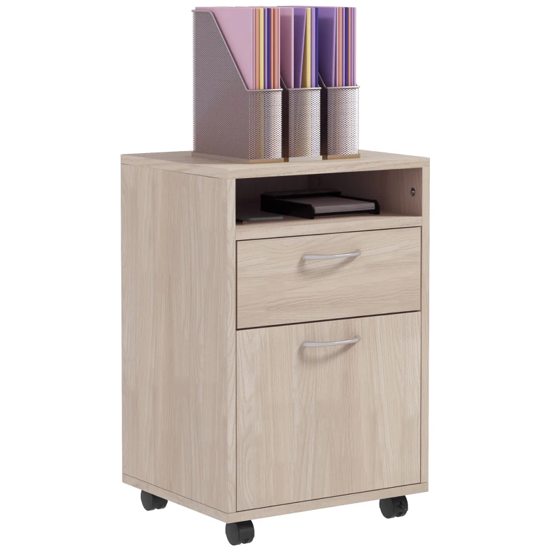HOMCOM 24" Small Filing Cabinet with Open Compartment, Drawer and Wheels, Home Office Storage Cabinet, Oak