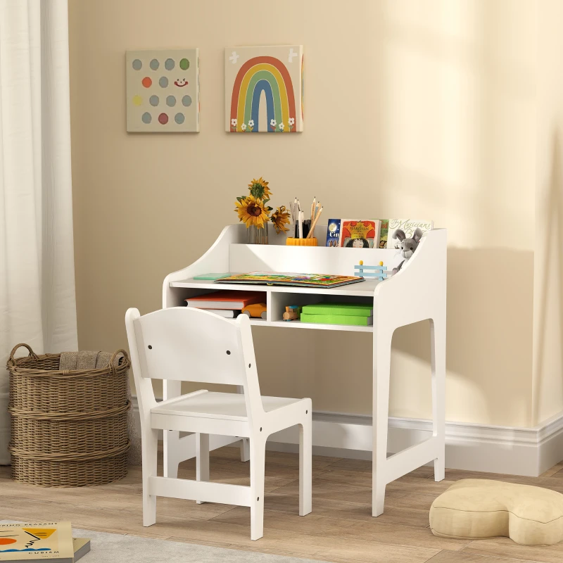 Qaba Kids Desk and Chair Set with Storage and Shelves, for Bedroom & Study Room, Gift for 3-8 Years Old, White