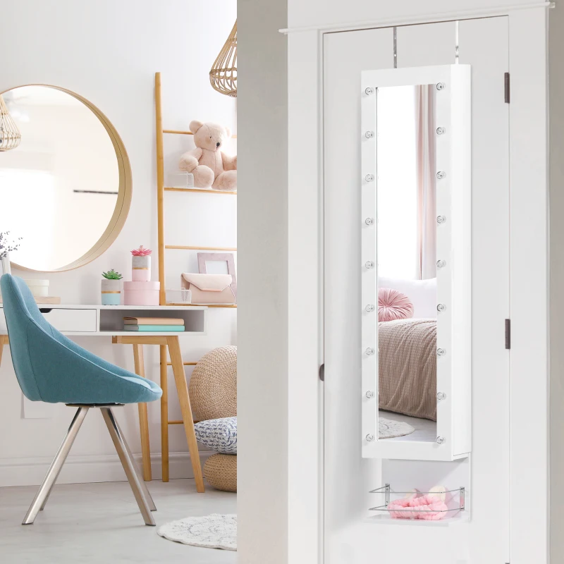 HOMCOM Mirror Jewellery Cabinet Armoire, Jewellery Organizer with 18 LED Lights, Wall-Mounted and Over-The-Door Cabinet with 3 Mountable Heights, Drawer and Open Shelf, White